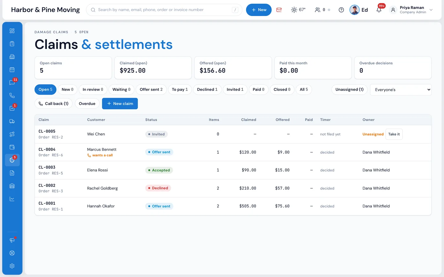 MoveBoard Claims screen