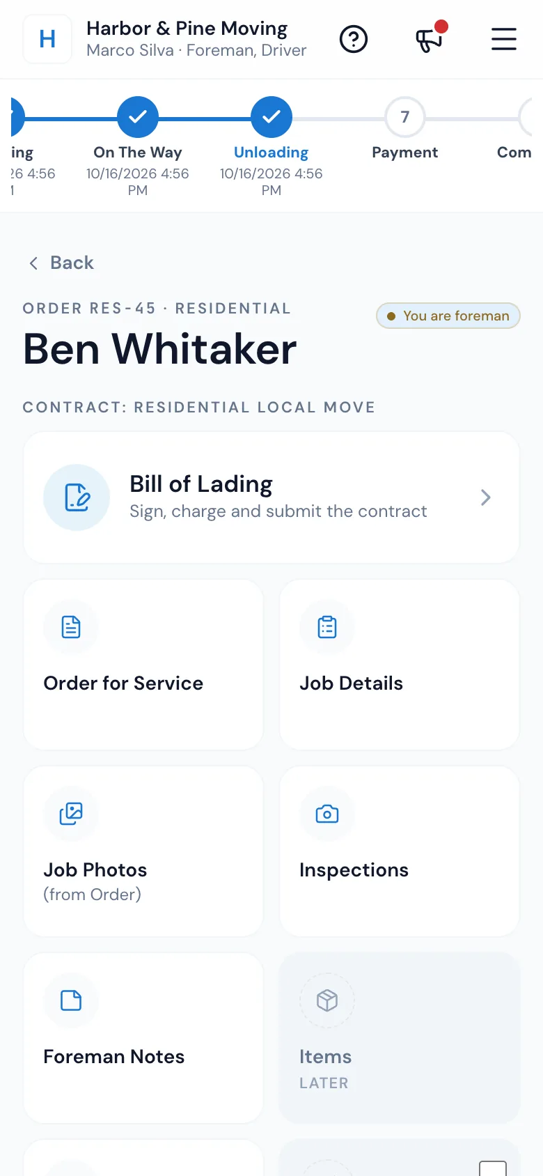 MoveBoard's Mover's Portal on a phone: the job hub with the bill of lading