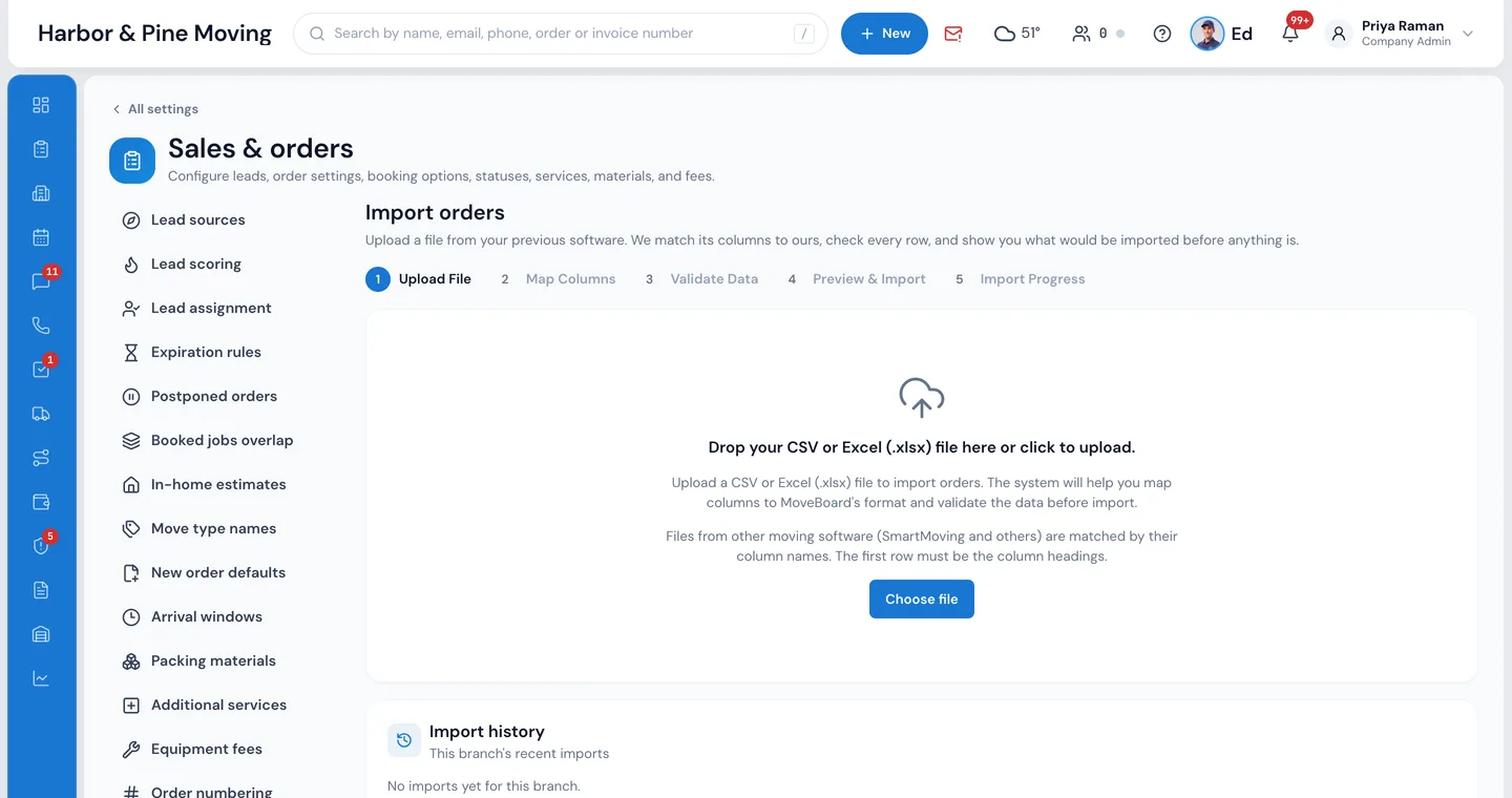 Settings › Sales & orders › Import orders in MoveBoard: Upload File, Map Columns, Validate Data, Preview & Import and Import Progress, with the drop zone for a CSV or Excel file