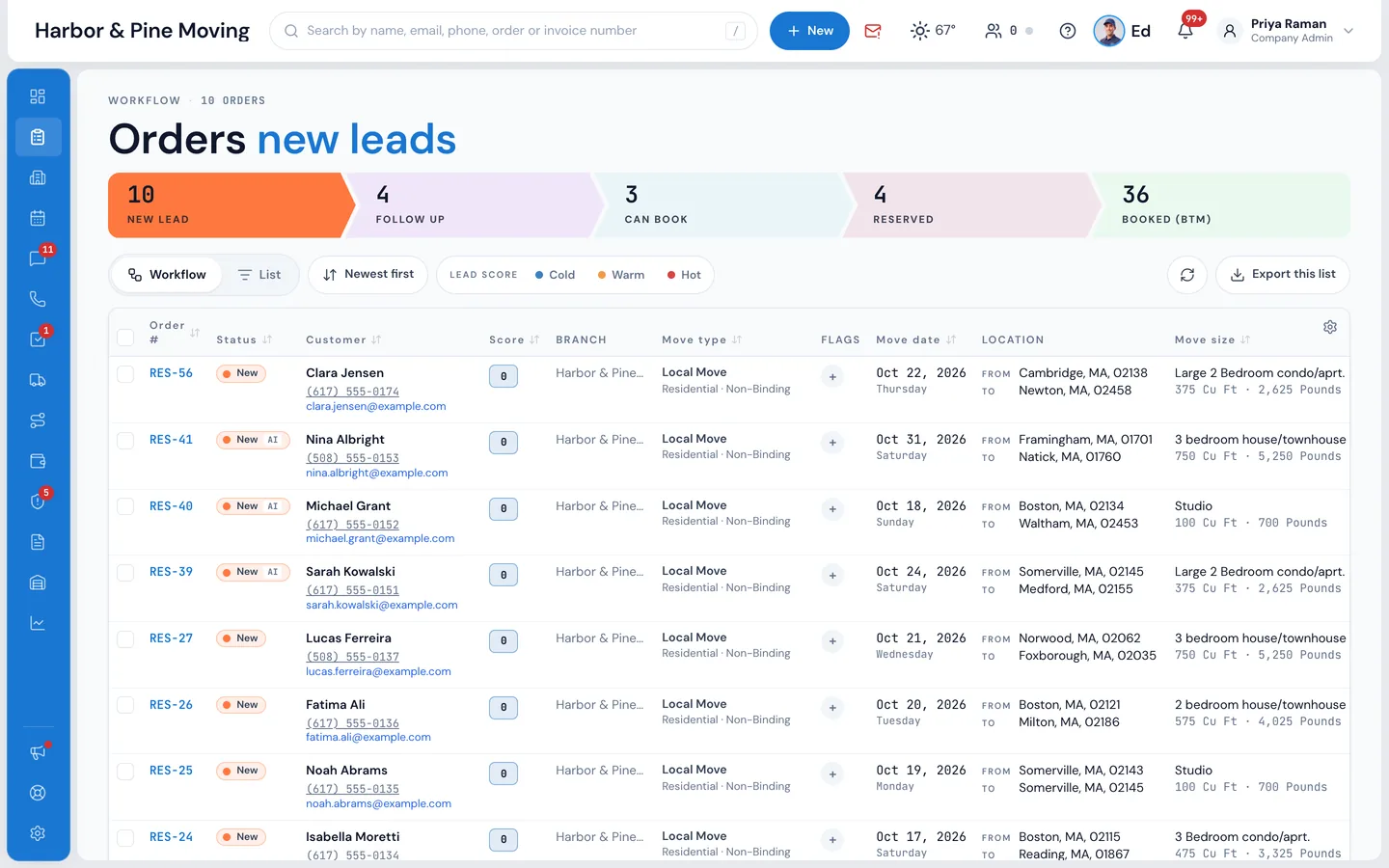 MoveBoard Orders screen
